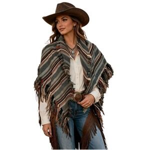 FRYE Southwestern Striped Bohemian Triangle Fringed Shawl Woven Scarf Ranch